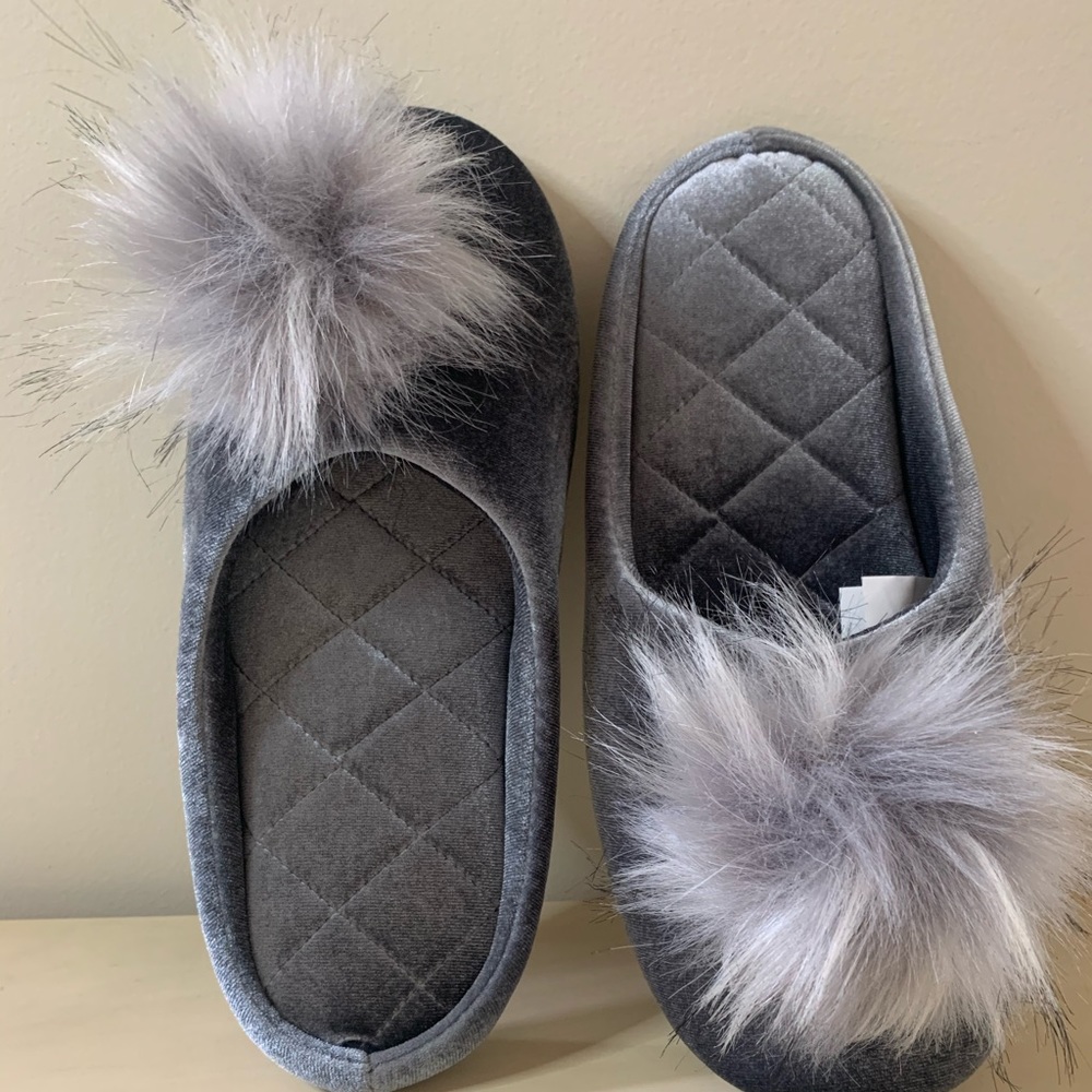 INC International Pom Pom Velvet Slippers Grey